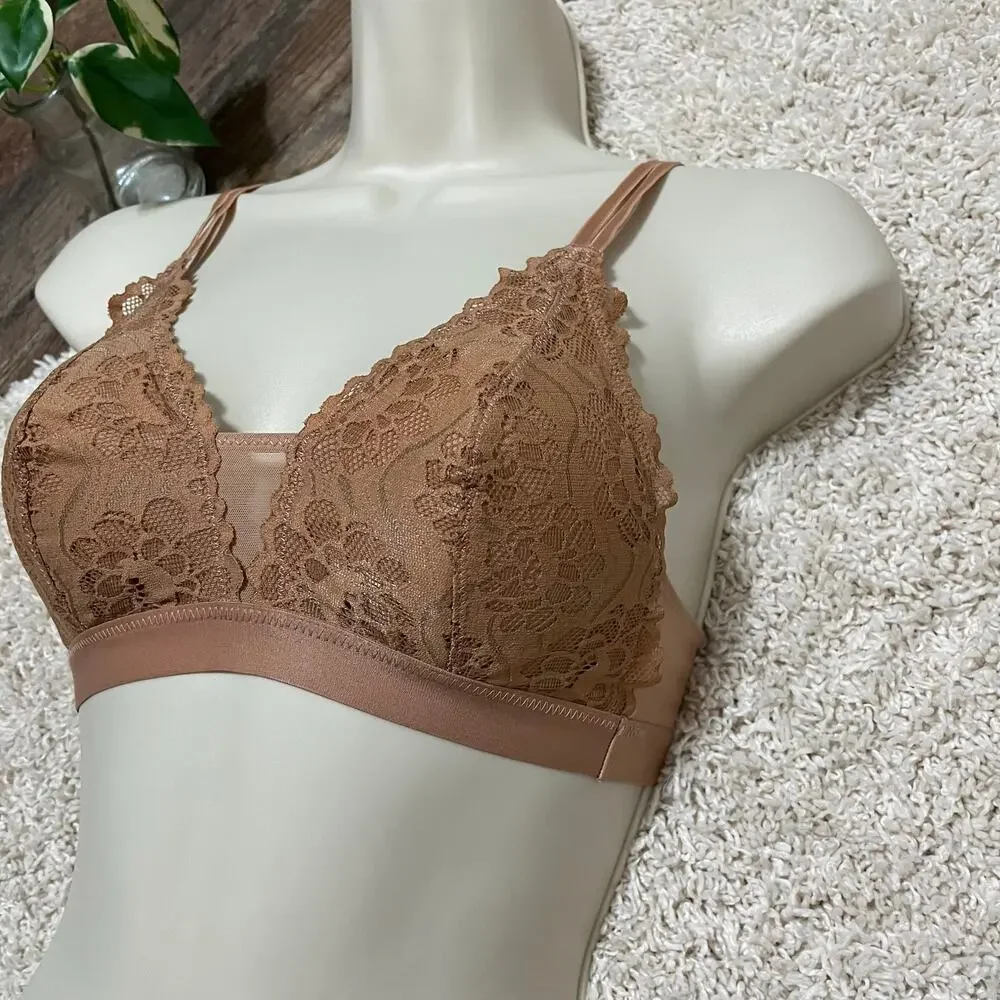 Aerie Size XS Brown Floral Lace Mesh Wireless Unlined Pull-On Bralette NWOT